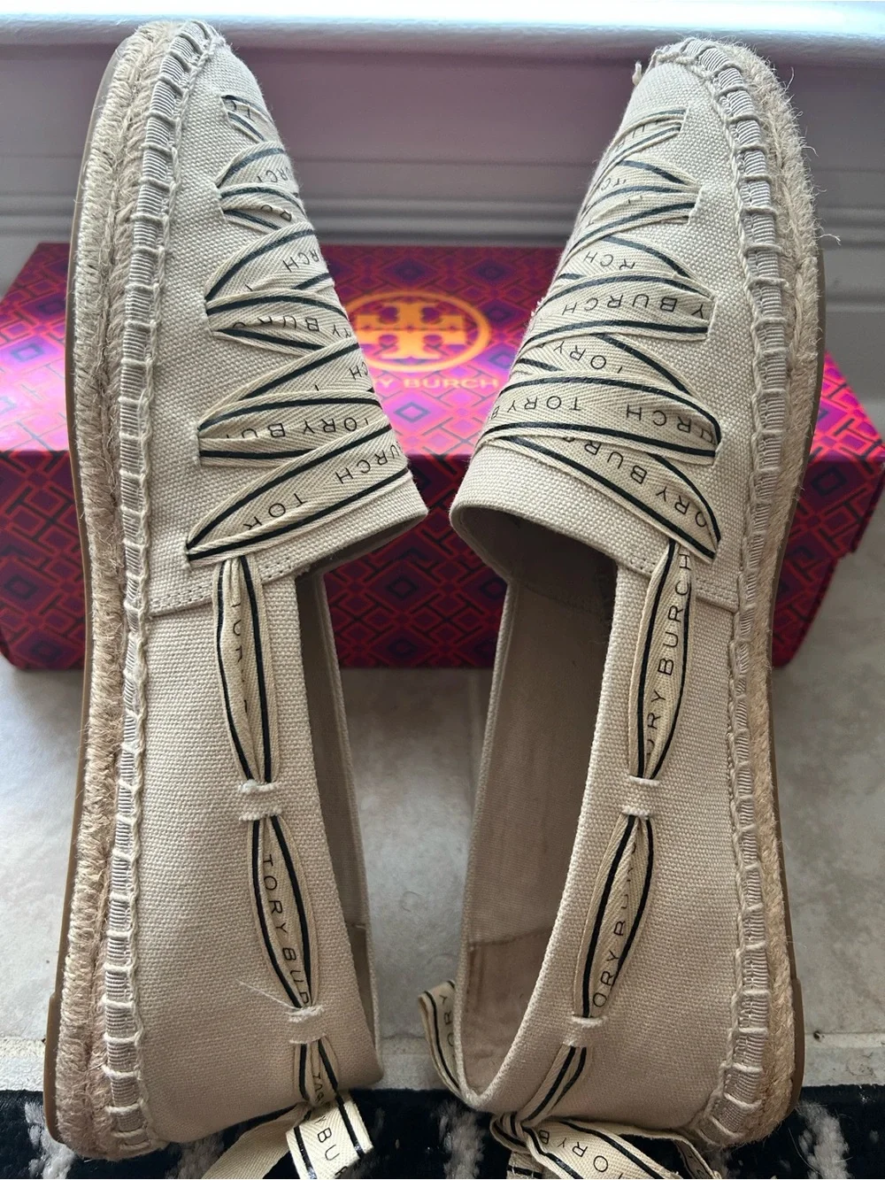 Tory Burch Cream Logo Ribbon Espadrille Flats